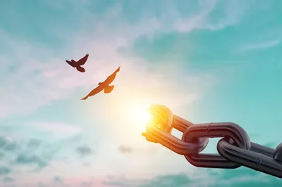 Two birds fly free from a broken chain against a sunlit turquoise sky.